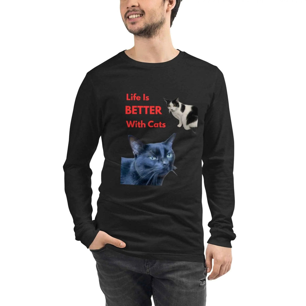 Black Heather unisex long-sleeve T-shirt featuring "Life Is Better With Cats" print, ideal for cat lovers, by Greg's AZ Store.
