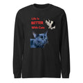 Black Heather unisex long-sleeve T-shirt featuring "Life Is Better With Cats" print, ideal for cat lovers by Greg's AZ Store.