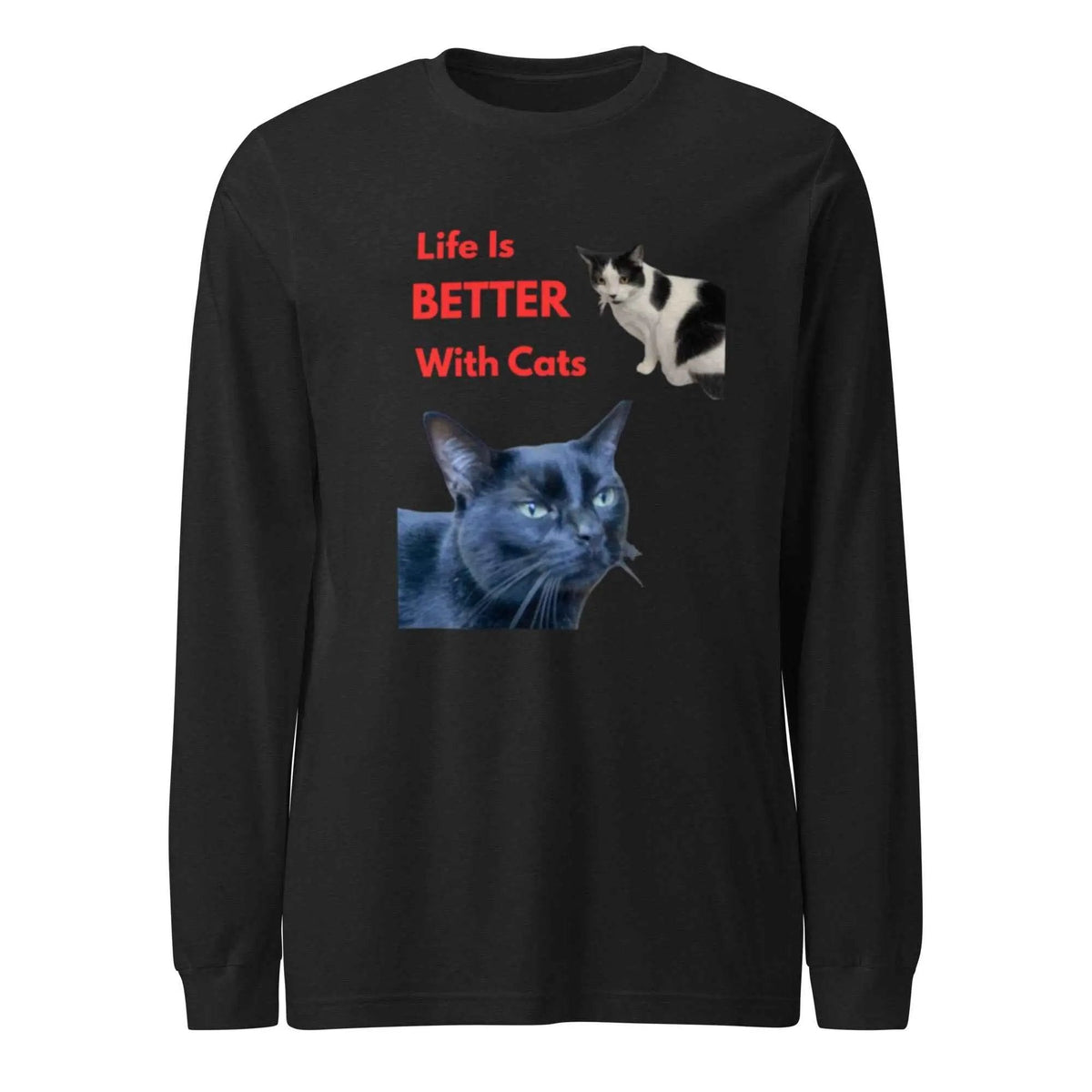Black Heather unisex long-sleeve T-shirt featuring "Life Is Better With Cats" print, ideal for cat lovers by Greg's AZ Store.