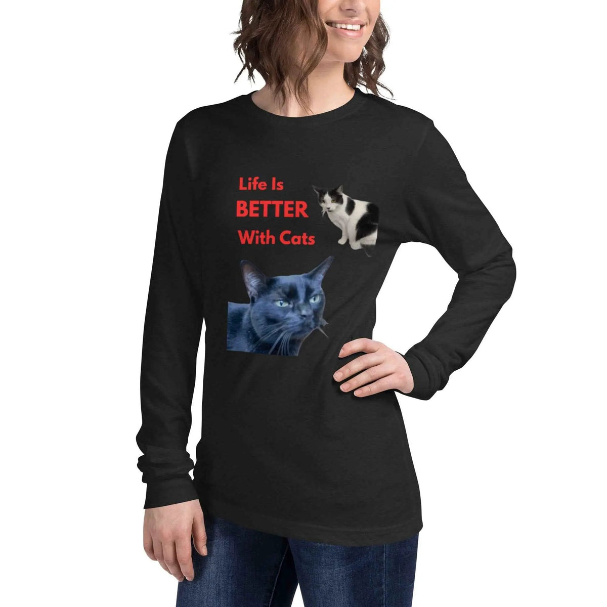 Black Heather unisex long-sleeve T-shirt with "Life Is Better With Cats" graphic, perfect for cat lovers, from Greg's AZ Store.