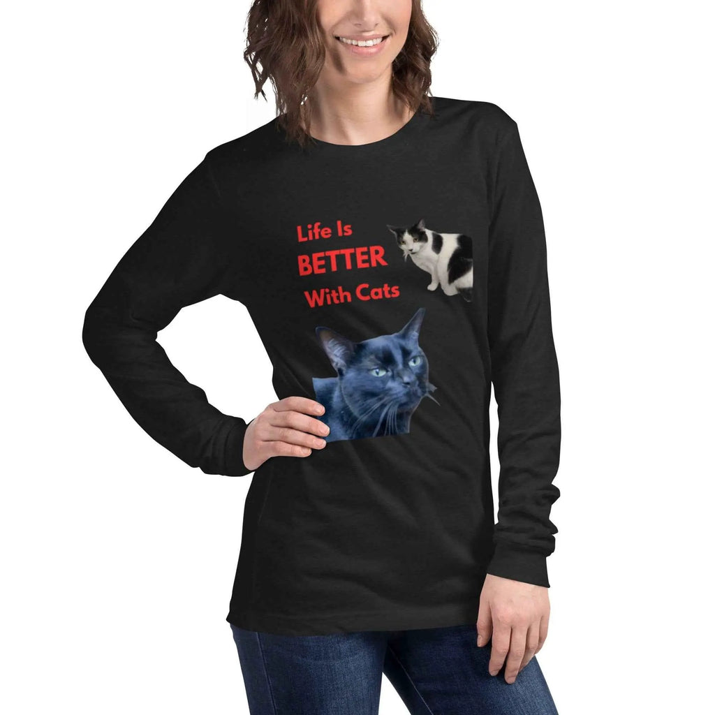 Black Heather unisex long-sleeve Cat Lovers T-Shirt by Greg's AZ Store featuring "Life Is Better With Cats" graphic on the front.
