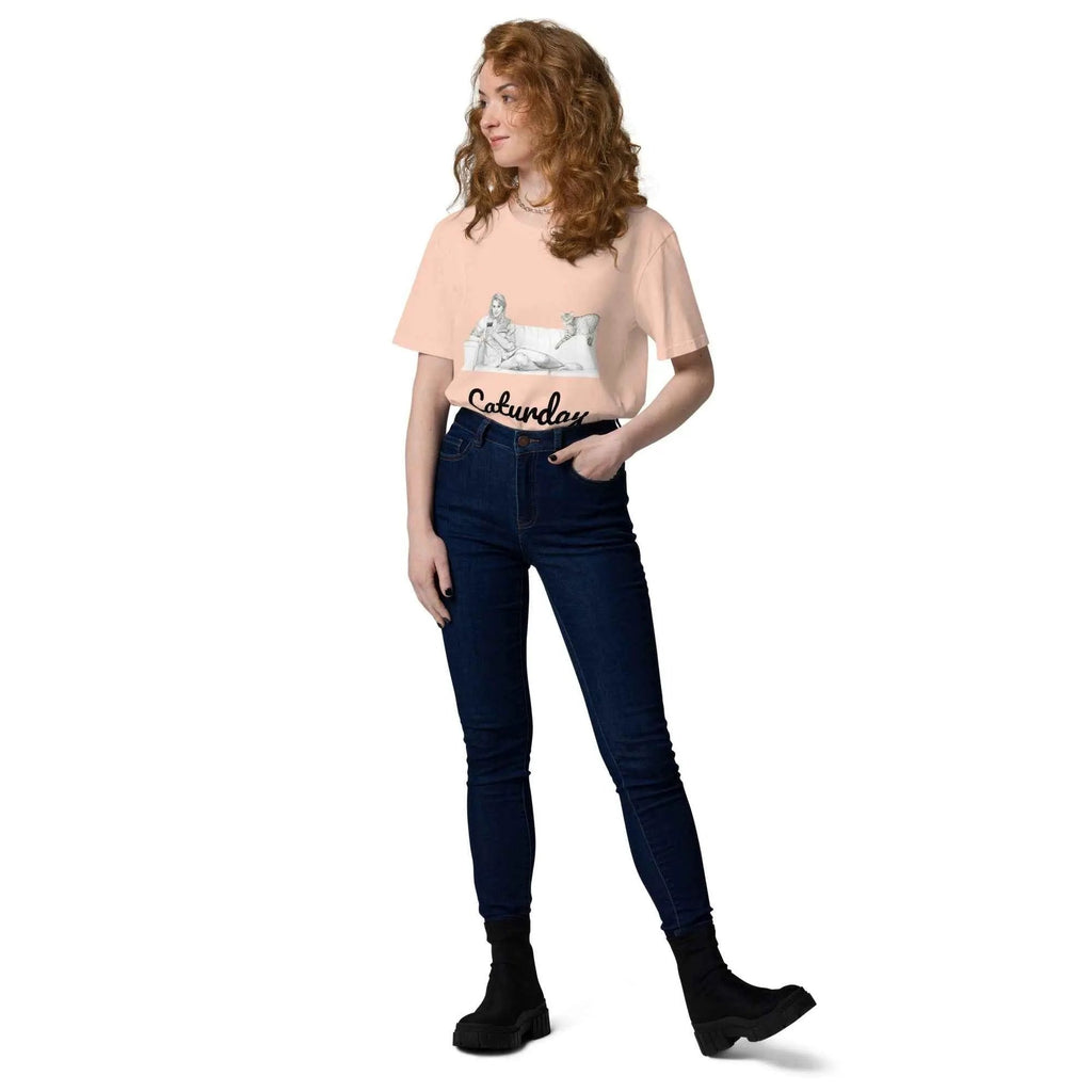 Unisex Caturday Women's T-Shirt by Stanley/Stella made of organic cotton, with a front view in a fresh peach color.