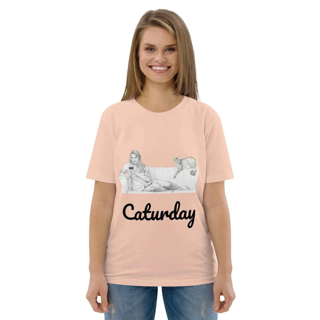Unisex Caturday Women's T-Shirt by Stanley/Stella made from organic cotton, featuring a front graphic in a fresh peach color.