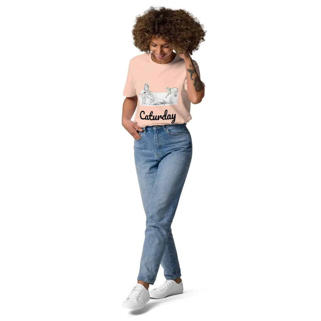 Unisex Caturday Women's T-Shirt by Stanley/Stella made of organic cotton, featuring a front design in fresh peach color.