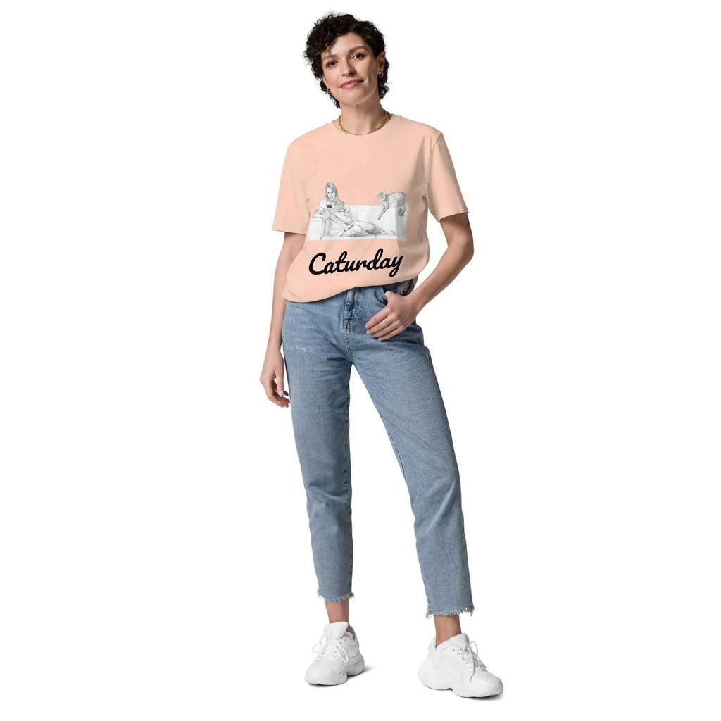 Unisex Caturday Women's T-Shirt by Stanley/Stella made of organic cotton, featuring a front graphic in a fresh peach color.