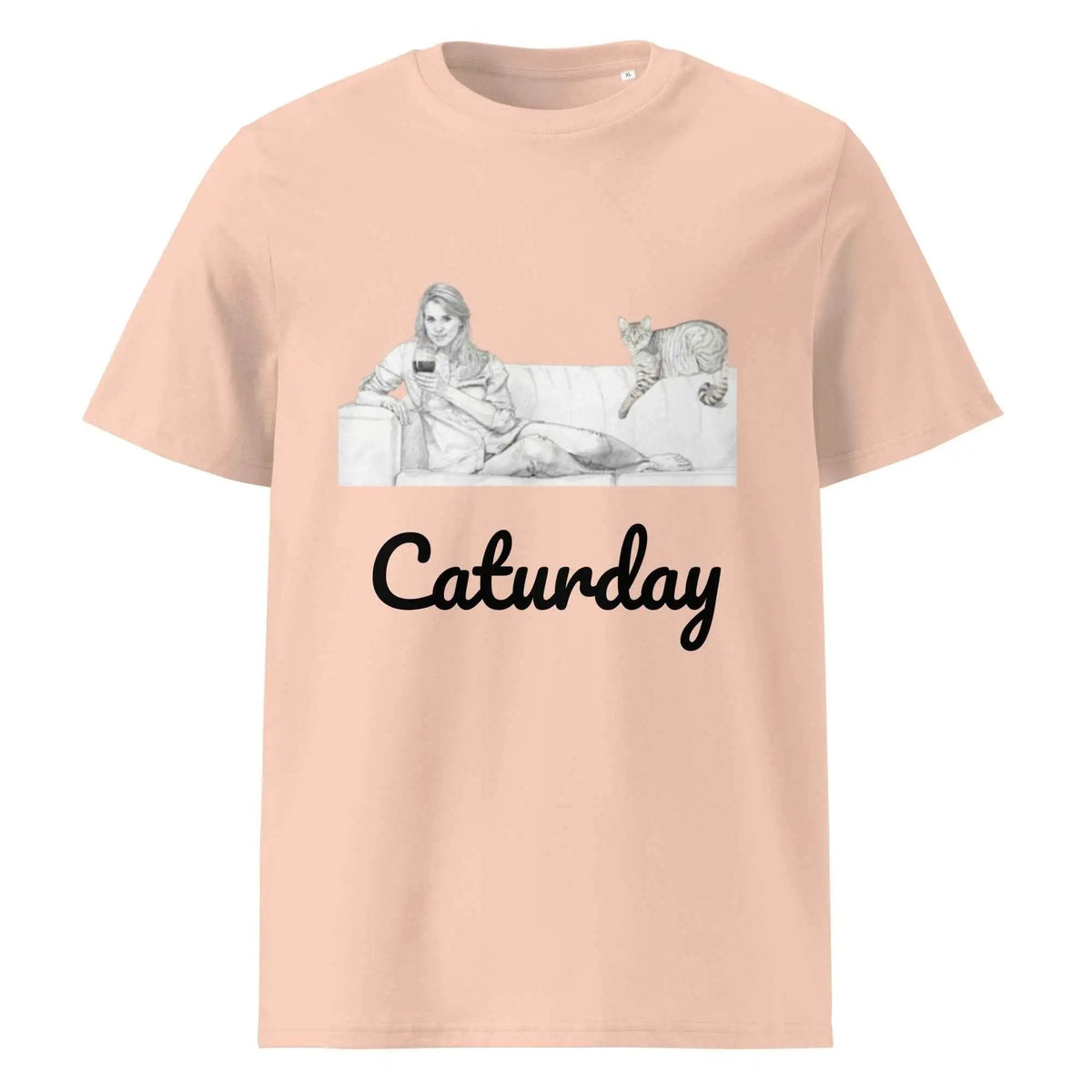 Unisex Caturday Women's T-Shirt by Stanley/Stella made from organic cotton, featuring a front design in a fresh peach color.
